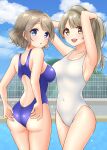  2girls absurdres adjusting_clothes adjusting_swimsuit ass blue_eyes blue_sky blue_swimsuit brown_eyes cloud commentary_request competition_swimsuit cowboy_shot day fence grey_hair highres long_hair looking_at_viewer love_live! love_live!_school_idol_project love_live!_sunshine!! minami_kotori multiple_girls one-piece_swimsuit one_side_up outdoors ponytail poolside short_hair sky swimsuit takochan77 watanabe_you white_swimsuit 