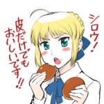  1girl ahoge artoria_pendragon_(all) blonde_hair blush braid dorayaki eating fate/stay_night fate_(series) food french_braid green_eyes hair_ribbon looking_at_viewer open_mouth ribbon saber simple_background solo ueyama_michirou wagashi white_background 