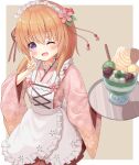  1girl ;d apron checkered checkered_kimono commentary flower food frilled_hairband frills fruit fujii_tatsuya gochuumon_wa_usagi_desu_ka? hair_flower hair_ornament hairband highres hoto_cocoa ice_cream japanese_clothes kimono maid_apron maid_headdress one_eye_closed open_mouth orange_hair parfait pink_kimono purple_eyes smile solo v wa_maid 