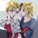  2boys alphonse_elric arms_at_sides backlighting bangs black_shirt blonde_hair blurry blurry_background brothers collarbone covered_mouth cupping_hand depth_of_field edward_elric expressionless fingernails fullmetal_alchemist grey_background grey_shirt hand_up head_tilt layered_sleeves long_sleeves looking_afar looking_at_another looking_to_the_side lower_teeth male_focus multiple_boys noako open_clothes open_shirt parted_lips plaid plaid_shirt profile red_shirt shiny shiny_hair shirt short_over_long_sleeves short_sleeves siblings side-by-side sidelighting simple_background swept_bangs teeth undershirt upper_body whispering yellow_eyes 