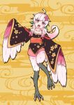  1girl ahoge animal_ears bare_shoulders bird_ears bird_legs blush egasumi eyebrows_visible_through_hair feathered_wings feathers flower hair_flower hair_ornament harpy highres japanese_clothes kimono long_hair monster_girl obi open_mouth original pink_eyes pink_feathers pink_flower pink_hair pink_wings sash sidelocks solo standing standing_on_one_leg stellacean talons white_feathers winged_arms wings yellow_background 