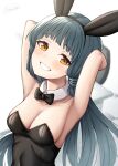  1girl animal_ears armpits arms_behind_head arms_up bare_shoulders binsen black_hair black_hairband black_leotard black_neckwear blurry blurry_background bow bowtie breasts brown_eyes bunny_ears cleavage collar collarbone depth_of_field detached_collar grin hairband highres idolmaster idolmaster_million_live! kitakami_reika leotard long_hair looking_at_viewer low_twintails medium_breasts signature simple_background smile solo strapless strapless_leotard twintails very_long_hair white_background white_collar wing_collar 