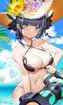  1girl azur_lane bangs bare_arms bare_shoulders bikini black_hair blue_eyes blue_hair blush bow breasts calder cheshire_(azur_lane) chinese_commentary cleavage cloud cloudy_sky collarbone eyebrows_visible_through_hair flower hair_bow halter_top halterneck hat highres horizon large_breasts looking_at_viewer multicolored_hair navel ocean short_hair sky smile solo straw_hat streaked_hair sunflower swimsuit wading water wet 