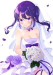  1girl bouquet breasts cleavage detached_collar dress dress_flower flower highres lily_(flower) medium_breasts original petals purple_eyes purple_hair purple_ribbon ribbon sidelocks solo twintails veil white_dress yukino_(yukinosora1126) 