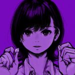  1girl absurdres black_eyes black_hair collared_shirt commentary earbuds earphones english_commentary hands_up highres holding holding_earphones looking_at_viewer monochrome original parted_lips purple_background purple_theme shirt short_hair simple_background solo yoshi_mi_yoshi 