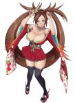  1girl absurdres azur_lane bare_shoulders black_legwear breasts brown_eyes brown_hair cleavage cosplay english_commentary floral_print full_body guilty_gear hair_ornament hair_rings hanny_(uirusu_chan) highres huge_breasts japanese_clothes kimono kuradoberi_jam long_hair looking_at_viewer no_bra obi off-shoulder_kimono paw_pose pigeon-toed platform_footwear print_kimono red_footwear red_kimono sash short_kimono solo taihou_(azur_lane) taihou_(azur_lane)_(cosplay) thick_thighs thighhighs thighs very_long_hair wide_sleeves zettai_ryouiki 