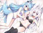 2girls :o animal_ear_fluff animal_ears bangs bare_arms bare_shoulders bed_sheet black_bow black_bra black_legwear black_panties blue_bra blue_eyes blue_hair blue_panties blush bow bow_bra bow_panties bra breasts cleavage closed_mouth commission ear_bow ear_piercing eyebrows_visible_through_hair feet_out_of_frame hair_between_eyes heterochromia holding_hands interlocked_fingers large_breasts long_hair lying mauve multiple_girls on_back on_side panties parted_lips piercing pixiv_request purple_eyes silver_hair smile tail thigh_gap thighhighs underwear underwear_only very_long_hair vrchat 