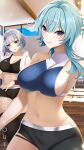  2girls blue_eyes blue_hair breasts eula_lawrence genshin_impact gym gym_uniform gymnastics highres huge_breasts indoors large_breasts leotard looking_at_viewer md5_mismatch multicolored multicolored_eyes multiple_girls navel noelle_(genshin_impact) short_hair shorts smile spiz sweat thighs 