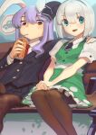  2girls animal_ears bench black_legwear black_neckwear black_skirt blue_eyes boa_(brianoa) bunny_ears can collared_shirt drinking drinking_straw green_skirt green_vest hand_on_another&#039;s_shoulder highres konpaku_youmu long_sleeves looking_at_viewer multiple_girls necktie open_mouth purple_hair red_eyes red_neckwear reisen_udongein_inaba shirt short_hair short_sleeves sitting skirt smile suit_jacket touhou vest white_hair white_shirt 