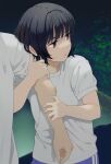  1boy 1girl arm_hug artist_name black_hair brown_eyes mattaku_mousuke night original out_of_frame shirt short_hair sweatdrop t-shirt watermark 