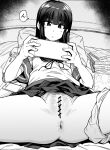 1girl anus bangs blunt_bangs cellphone censored commentary_request expressionless female_pubic_hair greyscale hatsuyuki_(kancolle) highres hime_cut hitachi_magic_wand kaauchi kantai_collection lying manga_(object) monochrome nintendo_switch on_back panties panties_around_one_leg phone pillow pleated_skirt pubic_hair pussy school_uniform serafuku sex_toy skirt smartphone solo spread_legs underwear vibrator 