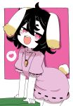  animal_ears arched_back black_hair bunny_ears bunny_tail carrot_necklace colored_skin dress floppy_ears heart highres inaba_tewi leaning_forward medium_hair ooyama_bokuchi open_mouth pink_dress pink_eyes short_sleeves tail teeth touhou white_skin 