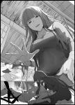  2girls architecture asagami_fujino bangs bikini black_border blunt_bangs blush border breast_smother breasts brilliant_summer commentary_request covered_navel dress east_asian_architecture face_to_breasts fate/grand_order fate_(series) female_pov from_above from_below fujimaru_ritsuka_(female) greyscale highres kara_no_kyoukai lap_pillow lap_pov long_dress long_hair long_sleeves looking_at_another looking_at_viewer medium_breasts monochrome multiple_girls navel o-ring o-ring_bikini open_clothes open_mouth open_shorts pov seiza shirt shorts sidelocks sitting smile spot_color striped striped_bikini swimsuit syatey telekinesis unzipped very_long_hair yuri 