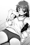  1girl absurdres boyshort_panties breasts cleavage cowboy_shot greyscale highres kaauchi long_hair lying monochrome on_back original panties small_breasts solo star_(symbol) tank_top thick_eyebrows toilet_paper underwear 