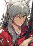  1boy animal_ears bangs beads brown_eyes closed_mouth commentary_request dog_ears grey_hair hair_between_eyes highres holding holding_sword holding_weapon inuyasha inuyasha_(character) japanese_clothes jewelry kimono long_hair looking_at_viewer male_focus necklace petals portrait red_kimono signature solo sword tcb upper_body weapon yellow_eyes 