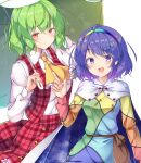  2girls :d ahoge aka_tawashi ascot blush breasts cape dress frills green_hair hairband highres holding holding_umbrella index_finger_raised kazami_yuuka large_breasts looking_at_viewer medium_breasts multicolored multicolored_clothes multicolored_dress multiple_girls open_mouth phantasmagoria_of_flower_view plaid purple_eyes purple_hair rainbow_gradient red_eyes red_skirt short_hair simple_background skirt smile tenkyuu_chimata touhou umbrella unconnected_marketeers upper_body vest white_background 