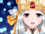  1girl aoi_hito blush brown_dress commentary_request crown dress eyebrows_visible_through_hair face gem hair_cones highres layered_dress long_hair looking_at_viewer open_mouth pope_(ragnarok_online) purple_eyes ragnarok_online red_eyes smile solo white_dress white_hair 