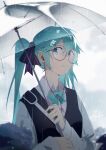  1girl aqua_eyes aqua_hair aqua_neckwear bangs black_vest blurry blurry_background bow bowtie chinese_commentary collared_shirt commentary earphones eyebrows_visible_through_hair glasses hair_between_eyes hair_bow hair_ornament hatsune_miku highres holding holding_umbrella hua_ben_wuming long_hair long_sleeves looking_to_the_side outdoors purple_bow rain round_eyewear shirt sky solo teeth transparent transparent_umbrella twintails twitter_username umbrella upper_body vest vocaloid water_drop white_shirt 