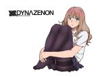  1girl bare_arms black_legwear blue_skirt brown_hair churro eyebrows_visible_through_hair feet full_body green_eyes gridman_universe legs long_hair looking_at_viewer minami_yume no_shoes panties pantyhose pleated_skirt sbel02 shirt sitting skirt solo ssss.dynazenon thighhighs transparent_background underwear white_shirt 