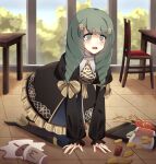  1girl apu_spills_his_tendies_(meme) artist_name black_dress black_footwear blush boots bow chair chicken_nuggets commentary dress drill_hair eine_(eine_dx) english_commentary eyebrows_visible_through_hair fallen_down fire_emblem fire_emblem:_three_houses flayn_(fire_emblem) food french_fries garreg_mach_monastery_uniform green_eyes green_hair hair_ornament highres knee_boots long_hair long_sleeves mcdonald&#039;s open_mouth solo spill spilled_milk table tearing_up tile_floor tiles tray uniform window 