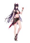  1girl bare_arms bare_shoulders bikini black_bikini black_footwear black_hair breasts cleavage closed_mouth cup demon_horns drinking_glass full_body gradient_hair hand_up high_heels highres holding horns king&#039;s_raid long_hair looking_at_viewer medium_breasts midriff multicolored_hair navel official_art red_eyes sarong see-through seria_(king&#039;s_raid) simple_background solo standing stomach swimsuit thighs very_long_hair white_background wine_glass 