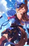  1girl animal_ears bare_shoulders blue_flower blue_ribbon blue_rose blue_sky blush bouquet brown_hair brown_legwear chachi_(azuzu) closed_eyes cloud commentary cowboy_shot day dress flower from_behind from_below hair_over_one_eye hat hat_flower holding holding_bouquet horse_ears horse_tail long_hair long_sleeves looking_to_the_side off-shoulder_dress off_shoulder open_mouth outdoors ribbon rice_shower_(umamusume) rose sky smile solo standing tail tears thighhighs tilted_headwear umamusume 