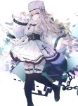  1girl abstract_background absurdres azur_lane black_footwear boots bow chain clip_studio_paint_(medium) coat_dress commentary dress full_body fur-trimmed_collar fur-trimmed_legwear fur_trim hand_up hat hat_bow heterochromia highres hinaname knee_boots long_hair long_sleeves looking_at_viewer murmansk_(azur_lane) papakha pink_eyes platinum_blonde_hair purple_eyes simple_background smile solo white_background white_dress white_headwear 