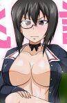  1girl areola_slip areolae background_text bangs black-framed_eyewear black_choker black_eyes black_hair blue_jacket blush bob_cut bow_choker breasts choker closed_mouth commentary crossed_legs frown girls_und_panzer hand_on_own_knee jacket kawashima_momo large_breasts looking_at_viewer monocle ooarai_military_uniform open_clothes open_jacket semi-rimless_eyewear short_hair solo sweat sweatdrop under-rim_eyewear yohinori 