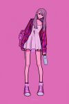  1girl backpack bag bangs bottle choker dress earrings full_body highres holding holding_bottle hoop_earrings jewelry long_hair long_sleeves open_mouth original plaid plaid_shirt purple_background purple_bag purple_footwear purple_hair purple_theme shirt shoes simple_background solo standing white_dress yoshi_mi_yoshi 