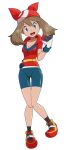  1girl :d absurdres bangs bike_shorts black_legwear blue_eyes breasts brown_hair cleavage collared_shirt commentary eyelashes full_body gloves hair_between_eyes hand_on_hip highres holding holding_poke_ball knees knees_together long_hair may_(pokemon) oni-sanart open_mouth pigeon-toed poke_ball poke_ball_(basic) pokemon pokemon_(game) pokemon_rse red_bandana red_footwear red_shirt shirt shoes short_sleeves smile socks solo standing thigh_gap tongue transparent_background upper_teeth 