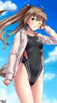  1girl black_swimsuit blue_eyes blue_sky breasts brown_hair cloud cloudy_sky collarbone competition_swimsuit covered_navel cowboy_shot dated day eyebrows_visible_through_hair hair_between_eyes highleg highleg_swimsuit highres hood hooded_jacket jacket kantai_collection kumano_(kancolle) long_hair looking_at_another one-piece_swimsuit one_eye_closed open_mouth outdoors ponytail sky small_breasts solo sunlight swimsuit tsuchimiya white_jacket 