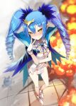  1girl absurdres ankle_boots blue_cape blue_hair blue_neckwear blue_ribbon blurry blurry_background blush bombergirl boots brooch cape depth_of_field dress drill_hair explosion full_body gloves greatmosu grin hair_between_eyes hand_up highres jewelry lewisia_aquablue long_hair looking_at_viewer multicolored_hair navel neck_ribbon pointy_ears purple_hair ribbon short_dress smile solo sweat torn_clothes twin_drills two-tone_hair white_footwear white_gloves yellow_eyes 