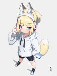  1girl animal_ear_fluff animal_ears bangs bike_shorts black_footwear black_shorts blonde_hair blue_eyes blush cellphone closed_mouth commentary_request drawstring eyebrows_visible_through_hair facial_mark fox_ears fox_girl fox_tail from_above full_body grey_background headphones highres holding holding_phone hood hood_down hoodie kono_tsukuha kuro_kosyou looking_at_viewer looking_up original phone ponytail shadow shoes short_shorts shorts solo standing tail whisker_markings white_hoodie 
