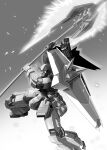  absurdres axe energy_axe energy_weapon greyscale gundam gundam_seed gundam_seed_destiny heyzan highres holding holding_axe horns mecha mobile_suit monochrome no_humans one-eyed robot science_fiction shield single_horn solo zaku_warrior 
