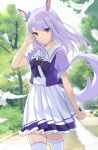  1girl animal_ears aqua_ribbon banned_artist bird closed_mouth ear_ribbon eyebrows_visible_through_hair feathers highres horse_ears horse_girl horse_tail icomochi looking_at_viewer mejiro_mcqueen_(umamusume) pleated_skirt puffy_short_sleeves puffy_sleeves purple_eyes ribbon school_uniform short_sleeves skirt smile solo tail thighhighs thighs tracen_school_uniform umamusume white_legwear white_skirt zettai_ryouiki 