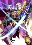  1girl afterimage armor breasts cleavage cleavage_cutout clothing_cutout emperor&#039;s_children english_commentary fulgrim full_armor gauntlets genderswap genderswap_(mtf) highres holding holding_sword holding_weapon large_breasts long_hair looking_at_viewer mole mole_under_eye ornate_armor pelvic_curtain power_sword primarch purple_armor purple_eyes ryuusei_(mark_ii) silver_hair slashing solo sword warhammer_40k weapon 