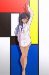  1girl absurdres arm_up bangs bare_legs barefoot black_hair blue_hair button_gap collared_shirt dark-skinned_female dark_skin full_body gradient_hair grey_eyes highres legs long_hair long_sleeves looking_at_viewer mondrian_(design) multicolored_hair original shadow shirt smile solo standing white_shirt yoshi_mi_yoshi 