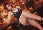  1girl absurdres alcohol bar black_dress black_footwear black_panties breasts cleavage cocktail_dress cocktail_glass commander_shepard commander_shepard_(female) cup dress drinking_glass dutch_angle english_commentary feet_out_of_frame fingernails freckles gold_necklace highres jewelry latex_dress leg_lift legs_together looking_at_viewer makeup mascara mass_effect medium_breasts monori_rogue nail_polish necklace official_alternate_costume panties pantyshot red_hair red_nails reward_available short_dress short_hair sitting sleeveless sleeveless_dress smile solo_focus tight tight_dress underwear 