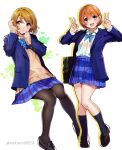  2girls :d bag black_footwear black_legwear blue_neckwear blue_skirt bow bowtie brown_hair closed_mouth double_v highres hoshizora_rin koizumi_hanayo long_sleeves looking_at_viewer love_live! love_live!_school_idol_project multiple_girls nakano_maru open_mouth orange_hair otonokizaka_school_uniform pantyhose pink_eyes plaid plaid_skirt school_uniform shoes skirt smile twitter_username v yellow_eyes 