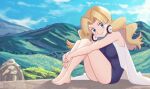 1girl bangs bare_arms barefoot black_dress blonde_hair blue_eyes breasts closed_mouth cloud commentary commission day dress feet from_side gazing_eye highres leg_hug legs long_hair looking_at_viewer molly_hale outdoors parted_bangs pokemon pokemon_(anime) pokemon_(classic_anime) pokemon_m03 sitting sky smile solo toes 