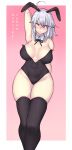  1girl absurdres ahoge alternate_costume animal_ears bangs black_legwear black_leotard breasts bunny_ears covered_navel detached_collar fake_animal_ears fate/grand_order fate_(series) highleg highleg_leotard highres ishibori_eregomos jeanne_d&#039;arc_(alter)_(fate) jeanne_d&#039;arc_(fate)_(all) large_breasts large_pectorals leotard pectorals playboy_bunny short_hair silver_hair solo strapless strapless_leotard thighhighs translation_request yellow_eyes 