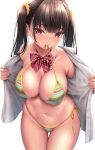  1girl absurdres bangs bare_shoulders bikini black_hair blush bow bowtie breasts cleavage cowboy_shot eyebrows_visible_through_hair halterneck highres huge_filesize kase_daiki large_breasts long_hair md5_mismatch mole mole_on_breast mouth_hold navel open_mouth original red_bow red_eyes red_neckwear resolution_mismatch shirt side-tie_bikini solo source_smaller standing stomach string_bikini swimsuit thigh_gap twintails wet white_background white_shirt 