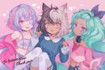  3girls :d animal_ear_fluff animal_ears aqua_hair black_hair blue_eyes cat_ears cat_girl character_request commission dark-skinned_female dark_skin dress dtpnhm eyepatch hair_ribbon highres indie_virtual_youtuber multicolored_hair multiple_girls open_mouth outcast_rae pink_eyes pink_hair purple_hair ribbon second-party_source shirt short_hair short_sleeves silver_hair skeb_commission smile sweater sweater_dress thighhighs tied_shirt two-tone_hair white_legwear 