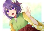  1girl :d eyebrows_visible_through_hair floral_print flower hair_flower hair_ornament hieda_no_akyuu highres japanese_clothes kaede_(mmkeyy) kimono long_sleeves looking_at_viewer open_mouth purple_eyes purple_hair short_hair simple_background smile solo touhou 