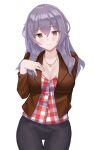  1girl absurdres black_pants breasts brown_eyes brown_jacket buttons cleavage cowboy_shot dress_shirt grey_hair hand_up highres hiiragi_shinoa jacket jewelry kano_(wi3028) large_breasts long_hair long_sleeves looking_at_viewer necklace open_clothes open_jacket owari_no_seraph pants shirt simple_background smile solo standing thigh_gap white_background 