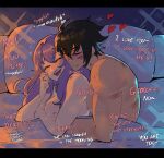  1boy 1girl after_sex afterglow bangs black_hair blanket closed_eyes closed_mouth commission cuts english_text hetero highres hiiragi_shinoa hug hyakuya_yuuichirou injury lipstick_mark long_hair lying naked_sheet nude nyantcha on_side open_mouth owari_no_seraph pillow purple_hair under_covers upper_teeth 