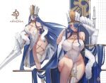  1girl absurdres blue_eyes blue_hair blush breasts cape cleavage covered_navel covered_nipples curvy earrings fur_collar hair_over_one_eye hat high_heels highres holding holding_lance holding_polearm holding_weapon jewelry lance large_breasts long_hair mature_female milephunter original pelvic_curtain pointy_ears polearm revealing_clothes see-through single_thighhigh sitting thighhighs thighs throne very_long_hair weapon white_background white_legwear wide_hips 