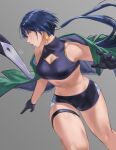  1girl black_gloves black_hair breasts cleavage cleavage_cutout clothing_cutout crop_top earrings gloves green_jacket grey_background halterneck hand_up hunyan jacket jewelry long_hair midriff mouth_hold navel original profile simple_background solo 