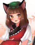  1girl :d animal_ears bangs blunt_bangs blush breasts bright_pupils brown_eyes brown_hair cat_ears cat_tail chen dress earrings fang frills hansoku_tantei_satori hat highres jewelry leaf leaf_background looking_at_viewer medium_breasts medium_hair mob_cap open_mouth purupurutamago45 red_dress simple_background single_earring smile solo tail touhou upper_body white_background 