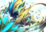 blue_eyes blurry claws electricity fangs from_below gen_7_pokemon highres leaves_in_wind looking_at_viewer mythical_pokemon no_humans open_mouth pokemon pokemon_(creature) ririri_(user_rkrv7838) solo tongue transparent_background yellow_fur zeraora 